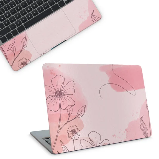 Pink Floral Line Art Top And Laptop Skin