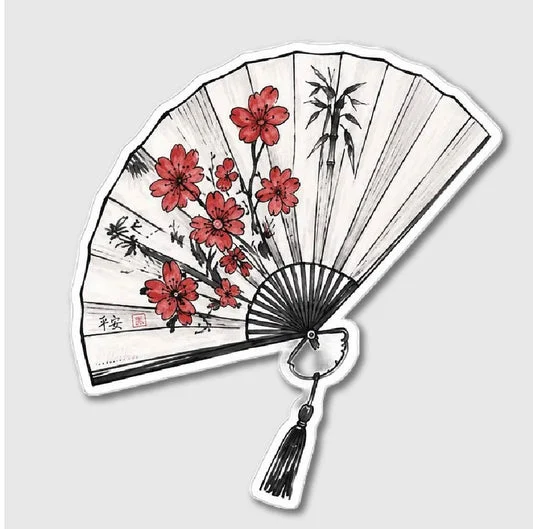 Japanese Folding Fan Red Flowers Sticker