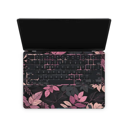 Pink Leaves Black Keyboard And MacBook Skin