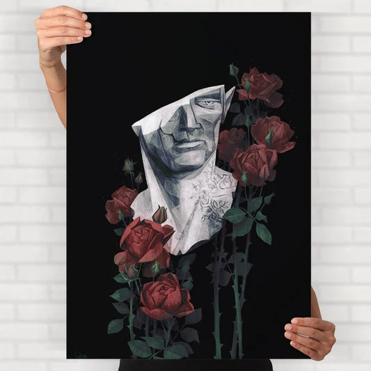 Classical Statue With Red Roses Poster