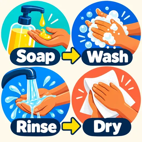 Soap → Wash → Rinse → Dry